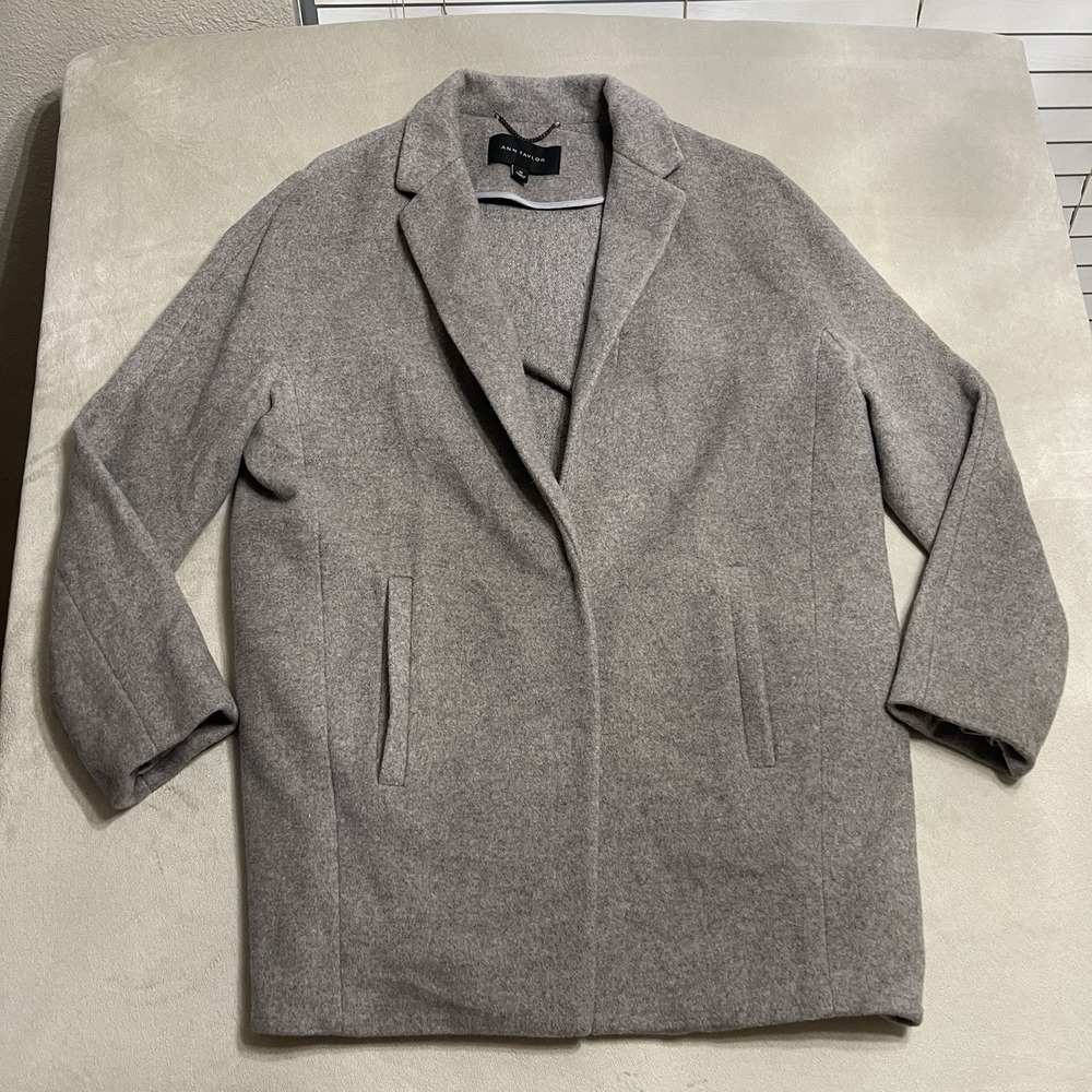 Ann Taylor Womens Wool Blend Coat Gray Snap Front Long Jacket Size Medium